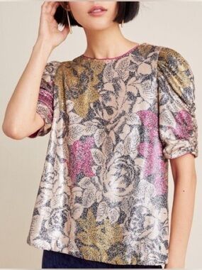 Anthropologie Marie Floral Sequin Puff Sleeve Top 12 Pink Gold Summer Wedding